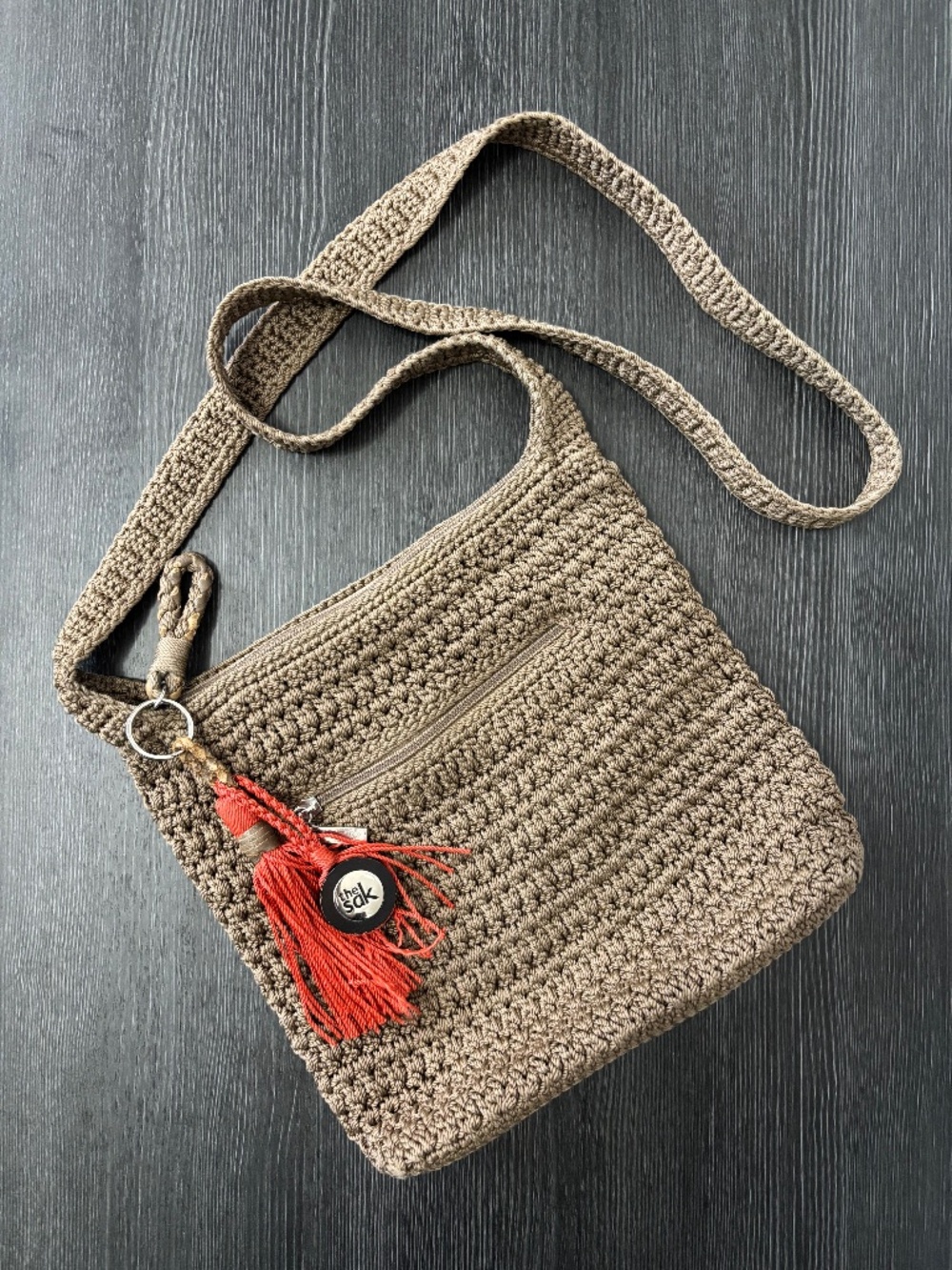 The Sak Crochet Crossbody Bag Taupe Knit Boho Shoulder Purse